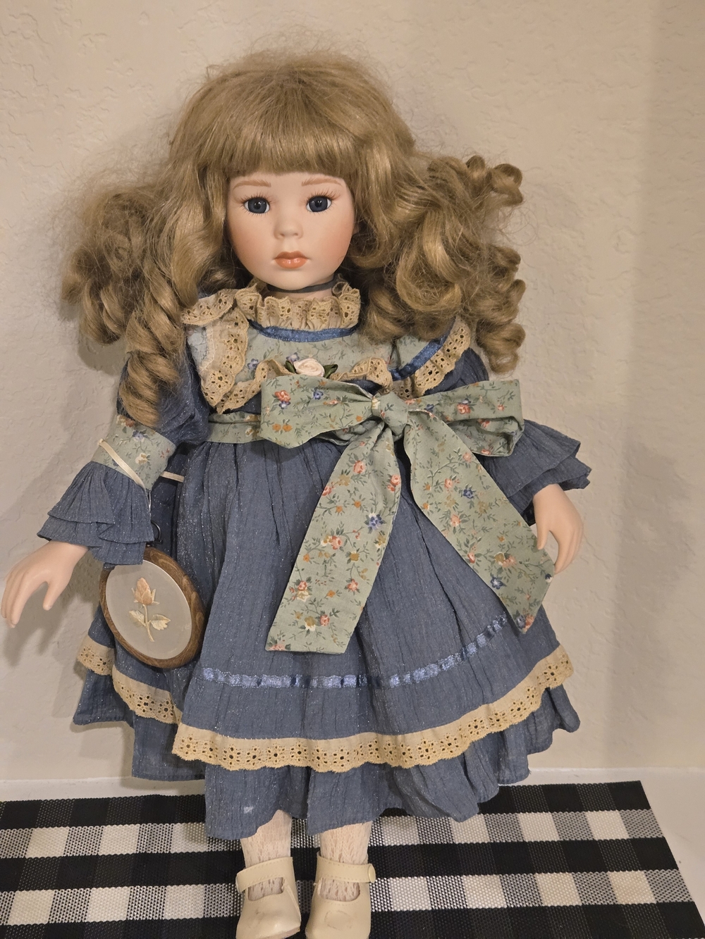 Porcelain-Style Girl Doll in Blue Dress with Floral Green Bow VINTAGE